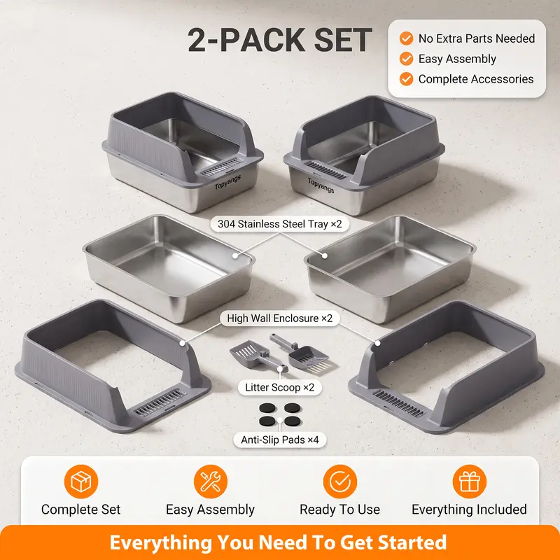 Topyangs 2 Pack Stainless Steel Cat Litter Box, Extra Large High Sides, Non-Stick Metal Litter Pan with Scoop