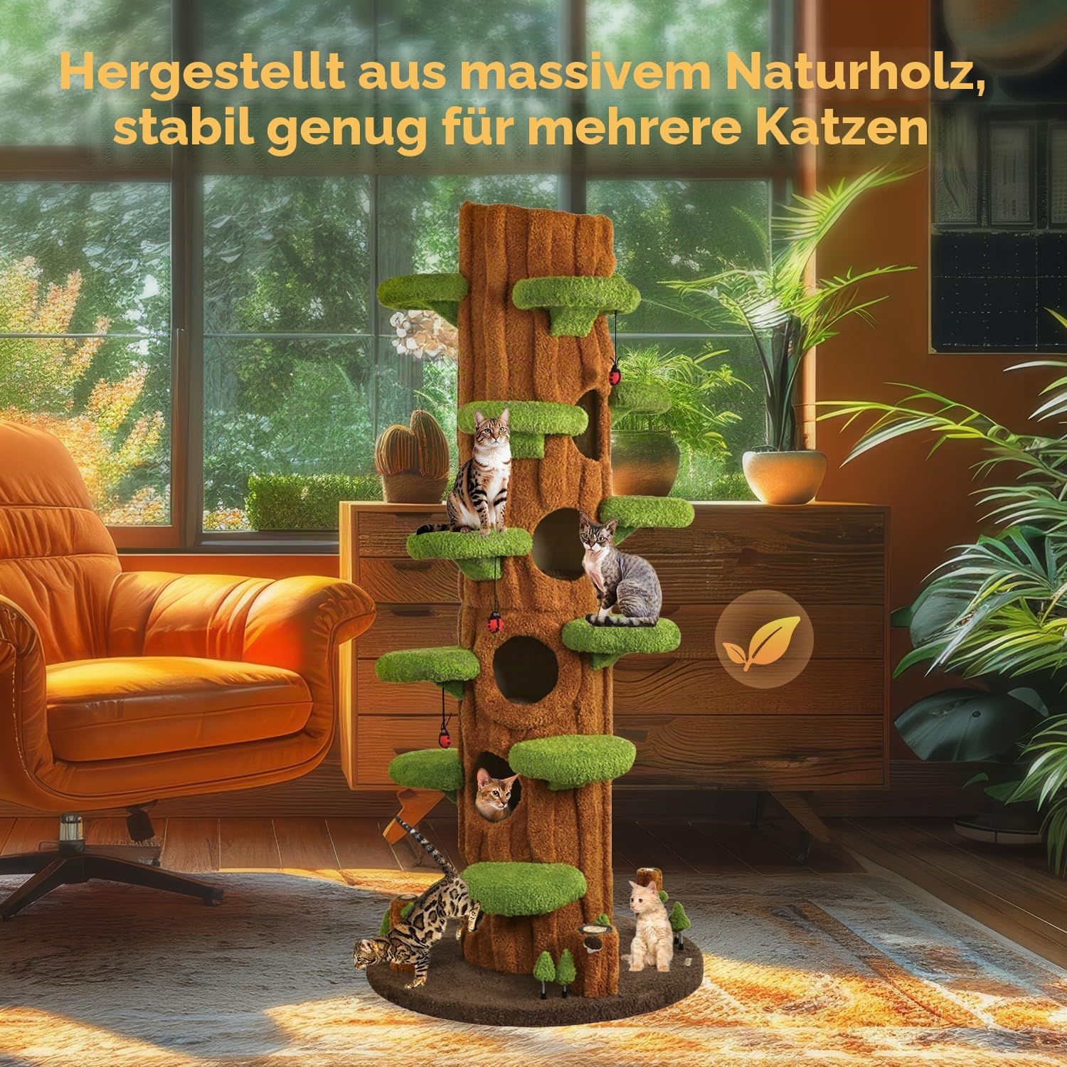 Luxus-Katzenbaum, All-in-One-Katzenturm mit Sitzstange, Kratzbrett, modernes Katzenhaus-Möbel, 229 cm