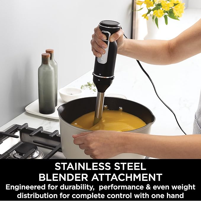 Ninja Foodi 3-in-1 Hand Blender, Hand Mixer & Chopper, Food Processor with 3 Attachments, 850W Powerbase, 5 Mixing and 2 Blending Speeds, 1.5m Cord, Black, CI100ME, 2 Years Warranty