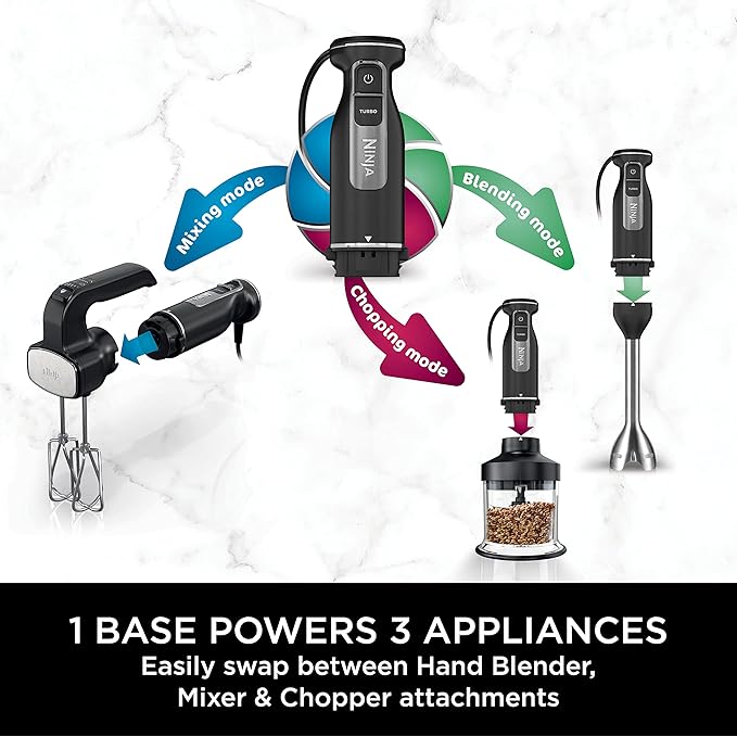 Ninja Foodi 3-in-1 Hand Blender, Hand Mixer & Chopper, Food Processor with 3 Attachments, 850W Powerbase, 5 Mixing and 2 Blending Speeds, 1.5m Cord, Black, CI100ME, 2 Years Warranty