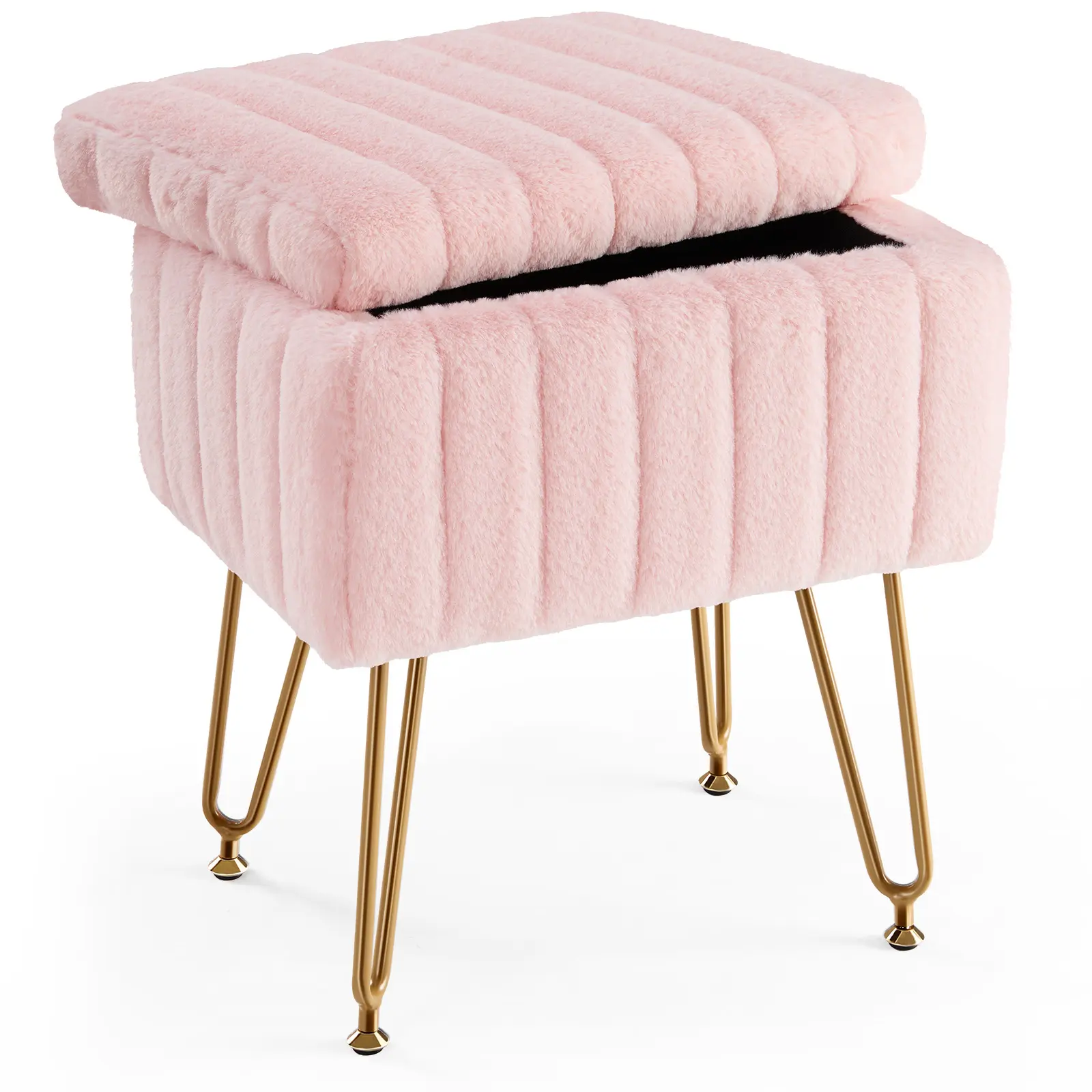 Faux Fur Vanity Stool with Hidden Storage | Modern Ottoman Seat with Gold Legs