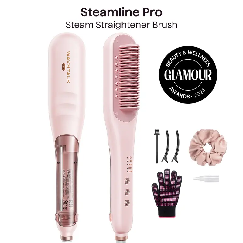 Wavytalk Steamline Pro Steam Hair Straightener Brush | Fast Anti-Frizz Styling with Heat Glove & Scrunchie