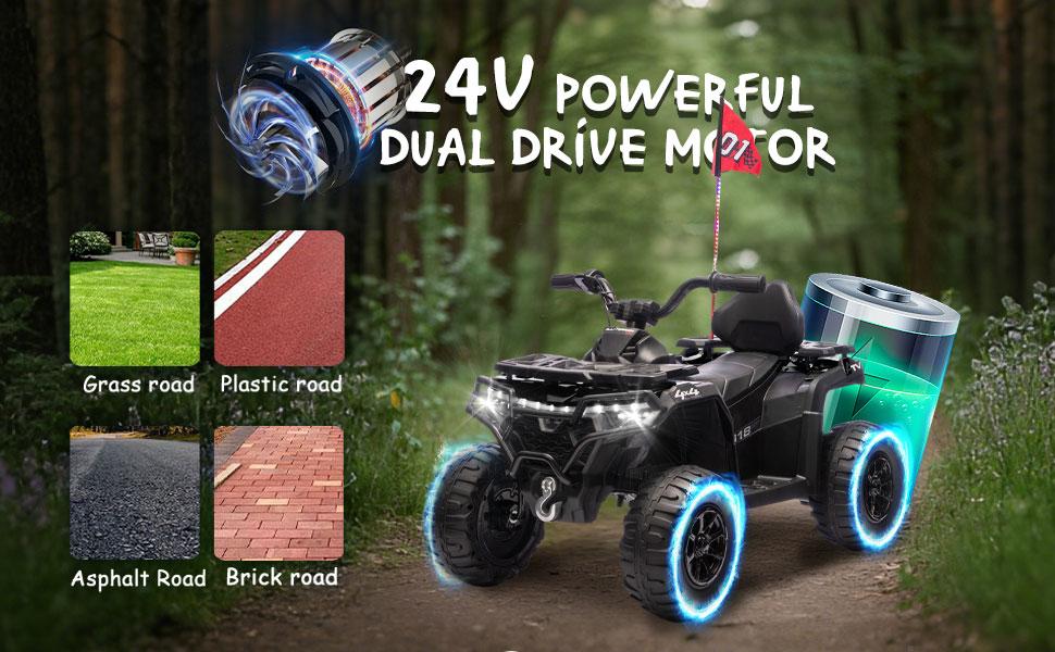 24V 160W Kids Electric Ride-On ATV &ndash; Realistic Off-Road Design with 2WD,Decorative Flags,On/Off Light Switch,Volume Control W/ Bluetooth,USB Port,Built-in Music & Multi-Color,recommended age:3-6