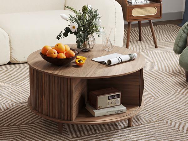 Mid-Century Modern Coffee Table with Storage - 31.5" Walnut Sliding Door Center Table for Small Spaces Mid-Century Modern Coffee Table with Storage - 31.5" Walnut Sliding Door Center Table for Small Spaces