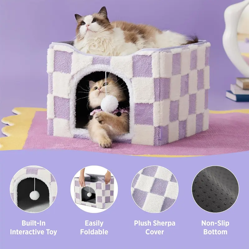 Lesure Indoor Cat Cave Bed, Foldable Cat House with Plush Cushion & Hanging Ball, Cozy Cat Cube Hideaway for Indoor Cats & Small Pets