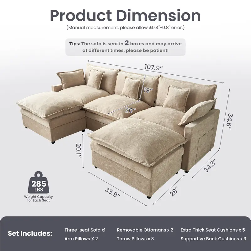 LOISEL 108” U Shaped Modular Sectional Sofa 