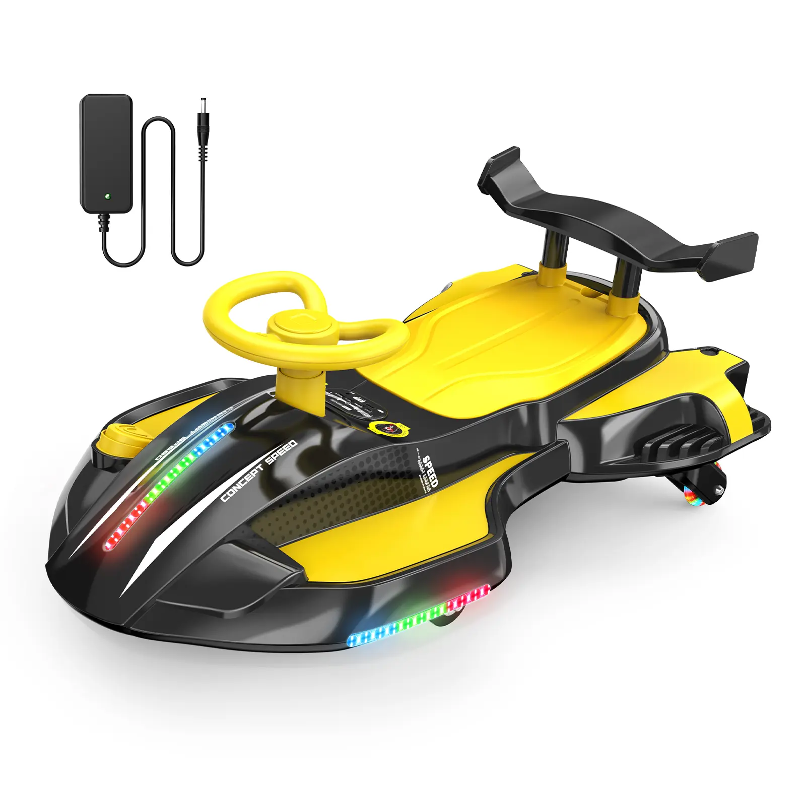 Akeleo 12V 2-in-1 Electric Wiggle Car for Kids | 360° Drift Ride-On with Pedals, LED Flashing Wheels, Bluetooth Music & Mist Spray, Ages 3+