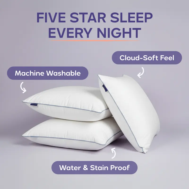 Waterproof Hotel-Style Pillow | Stain-Resistant Cloud-Soft Down Alternative Pillow, Machine Washable & Hypoallergenic