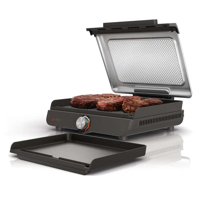 Smokeless Indoor Grill, 14'' Nonstick Grill Plate, Dishwasher-Safe Removable Mesh Lid, 500F Max Heat, Even Edge-to-Edge Cooking