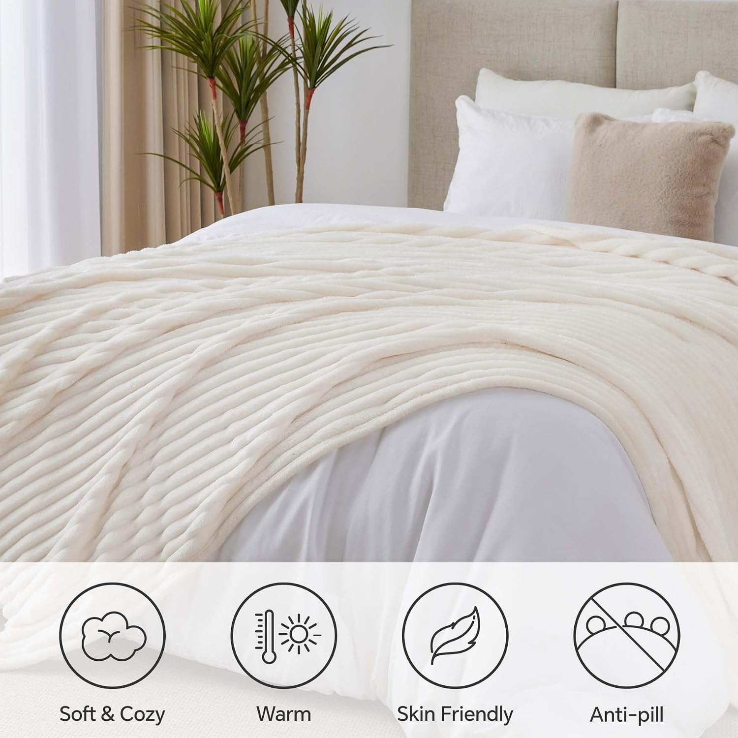 NLFZEK Ribbed Plush Blanket Queen Size – Ultra Soft Fleece Bed Throw, Cream