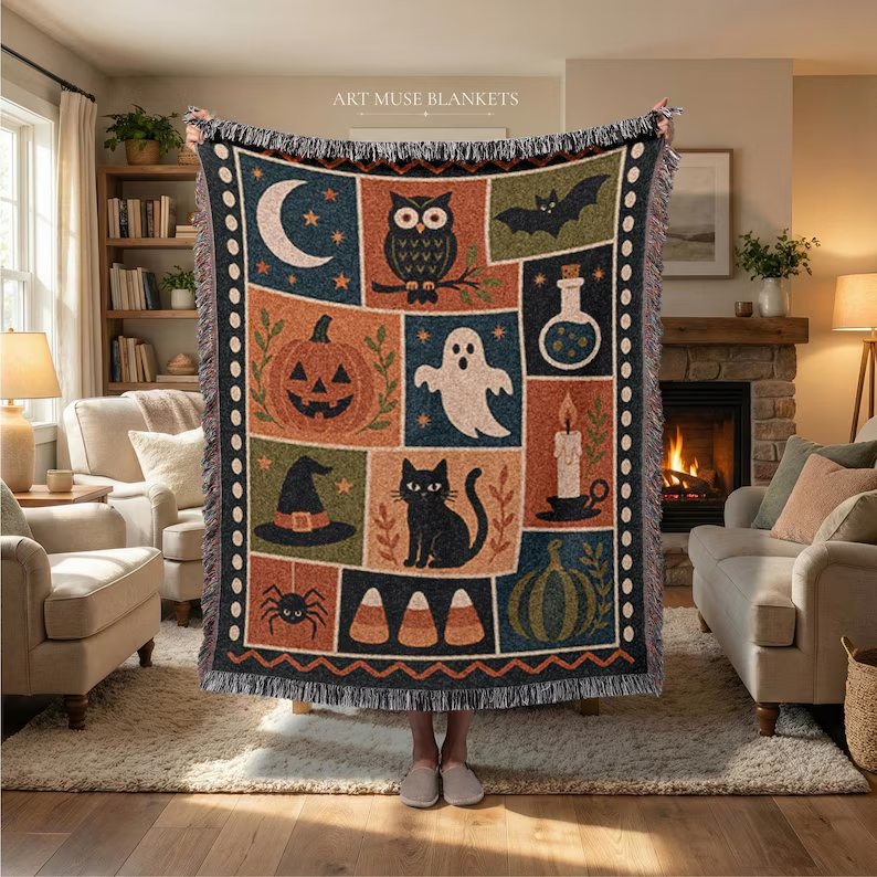 Halloween 100% Cotton Woven Blanket – Vintage Spooky Throw, Retro Halloween Decor for Fall & Cozy Nights