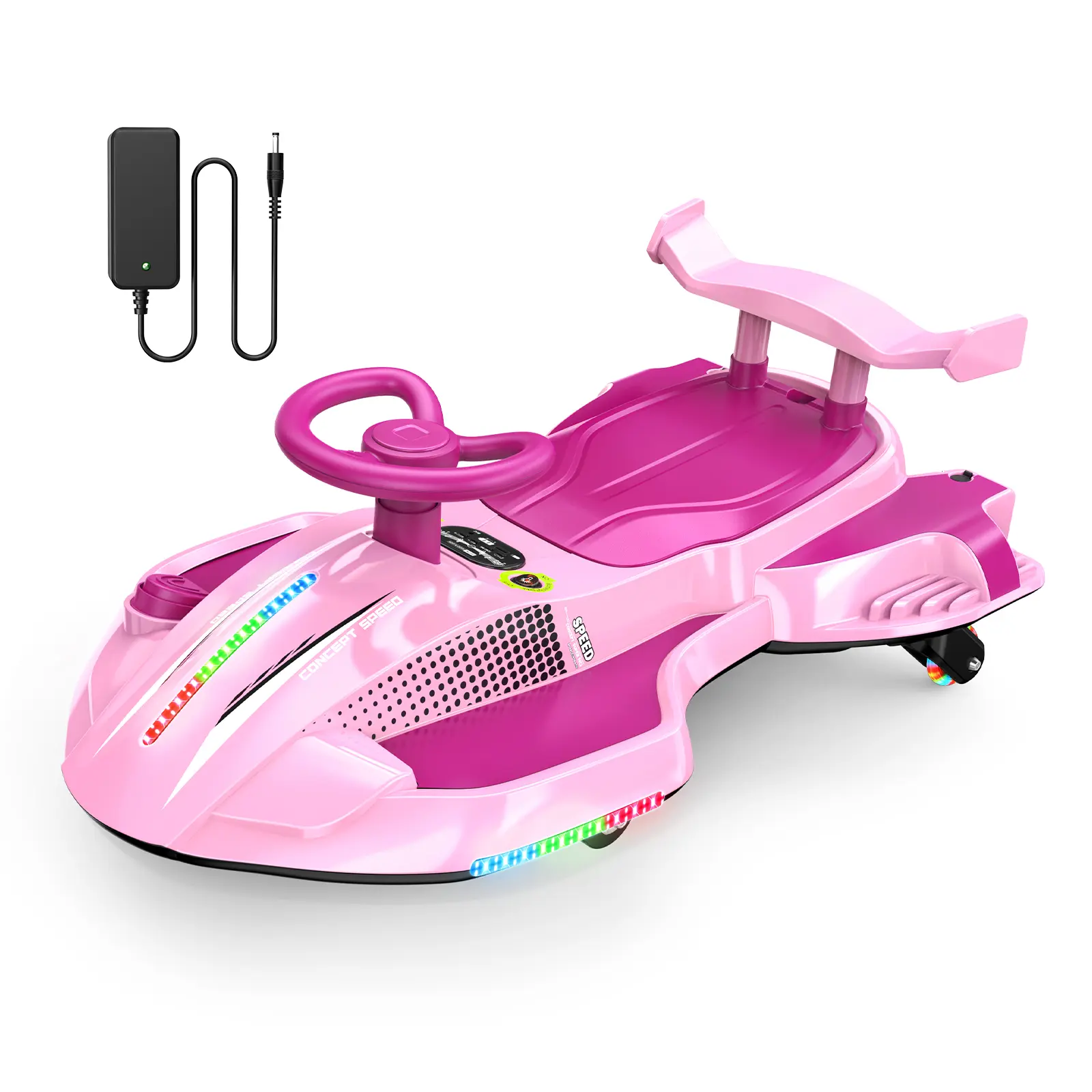 Akeleo 12V 2-in-1 Electric Wiggle Car for Kids | 360° Drift Ride-On with Pedals, LED Flashing Wheels, Bluetooth Music & Mist Spray, Ages 3+