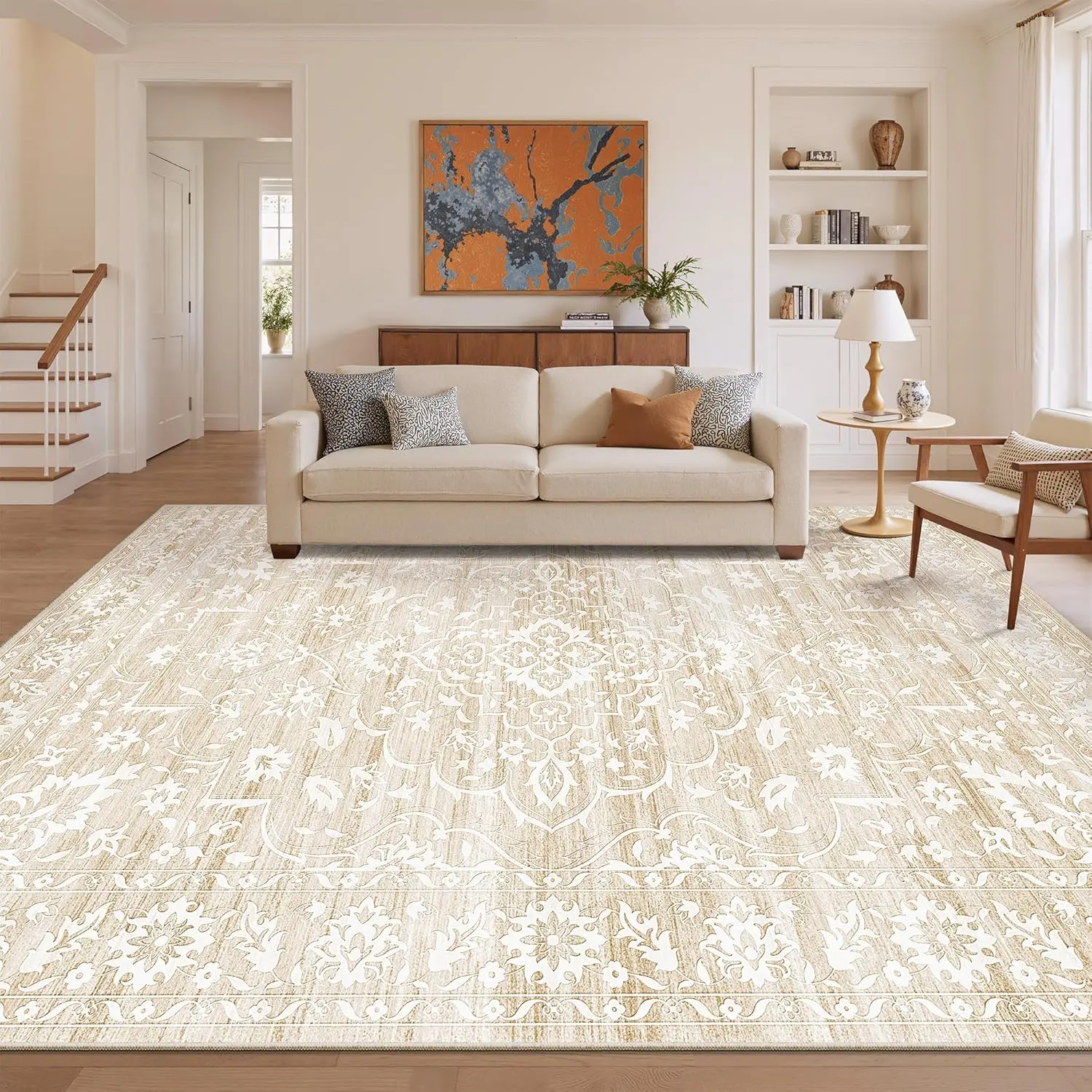 Modern Geometric Washable Rug | Soft Low Pile Area Carpet for Cozy Living Room & Bedroom Makeover