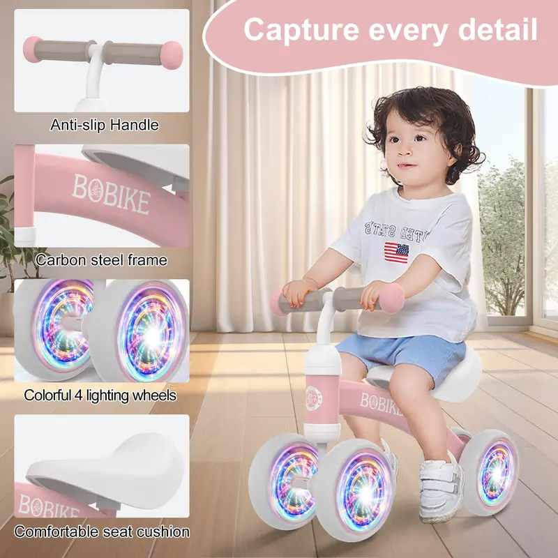Bobike 4-Wheel Toddler Balance Bike, No Pedal Training Walker with 135° Limited Steering, ASTM EN71 Certified First Birthday Gift