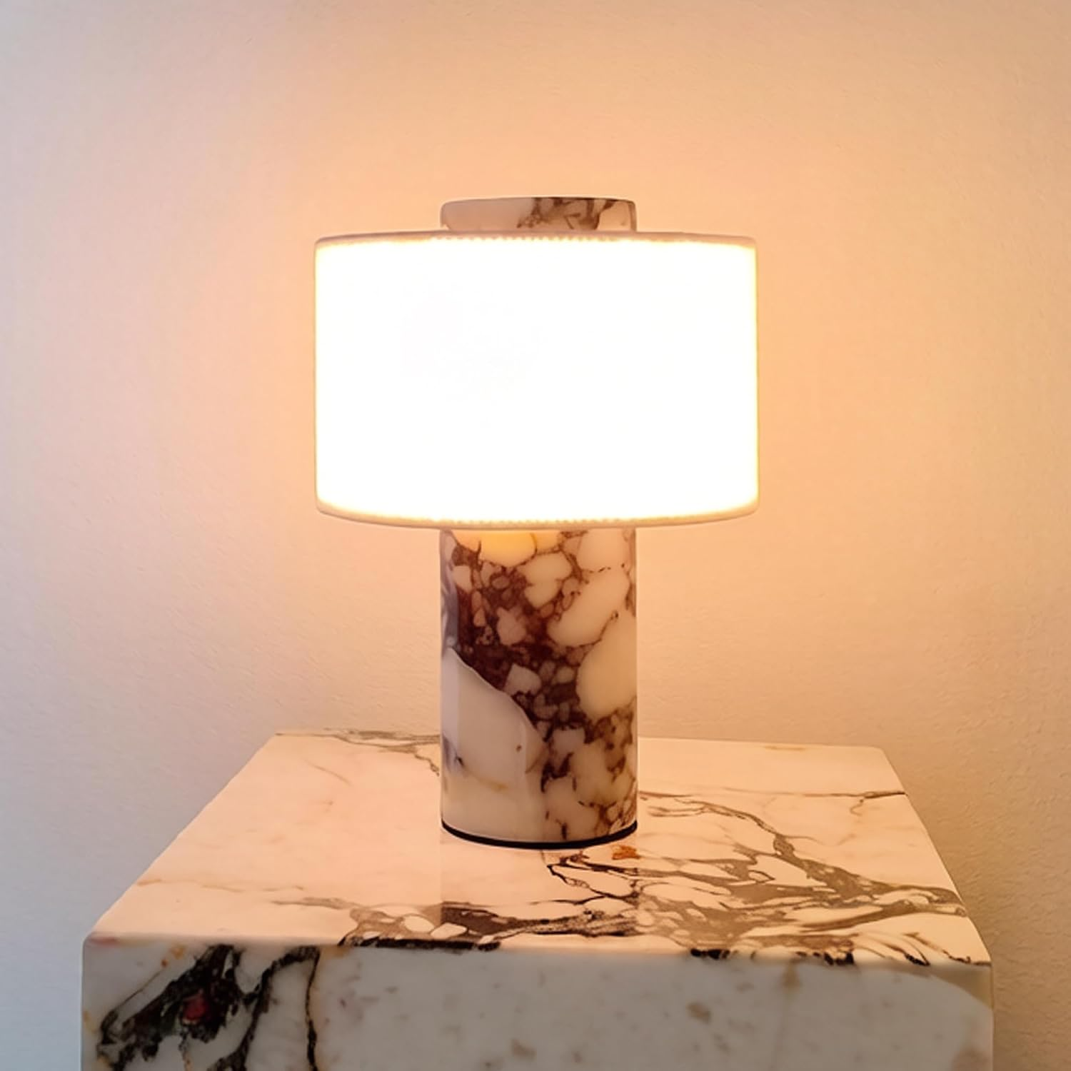 NLFZEK Natural Travertine Table Lamp – Sculptural Stone Light, 3-Color LED for Bedroom & Living Room