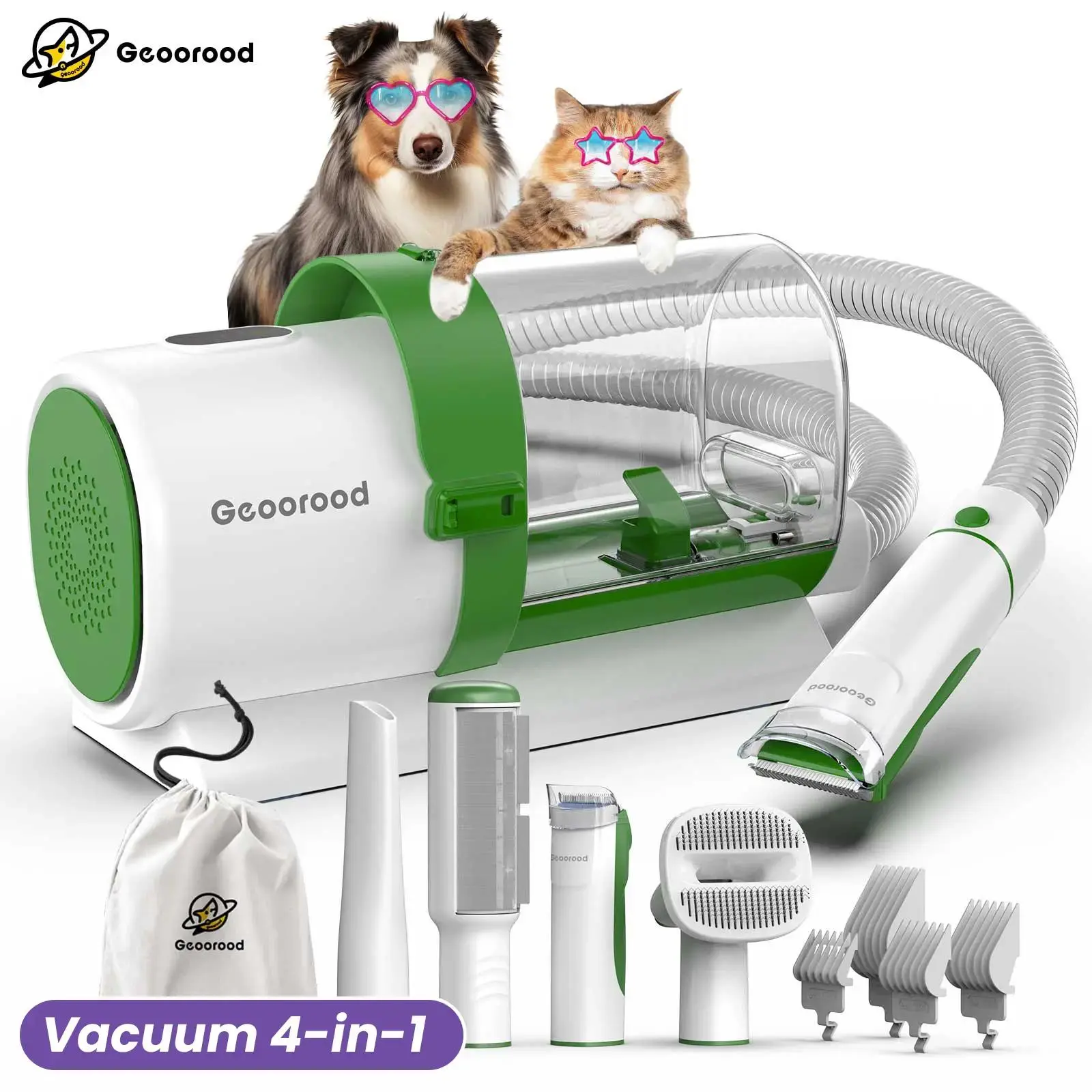 Geoorood Dog Grooming Vacuum Kit | 4-in-1 & 6-in-1 Pet Grooming Kit with Powerful Suction, Low Noise & Large Dust Bin