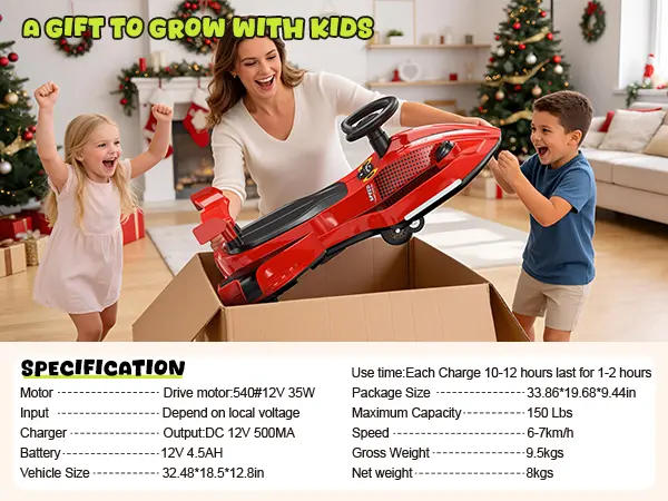 Akeleo 12V 2-in-1 Electric Wiggle Car for Kids | 360° Drift Ride-On with Pedals, LED Flashing Wheels, Bluetooth Music & Mist Spray, Ages 3+