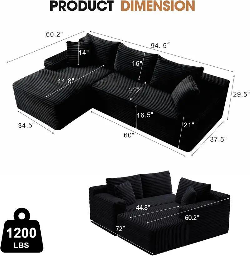 Cloud Modular Sectional Sofa with Reversible Chaise | Deep Seat Corduroy Couch, No Assembly