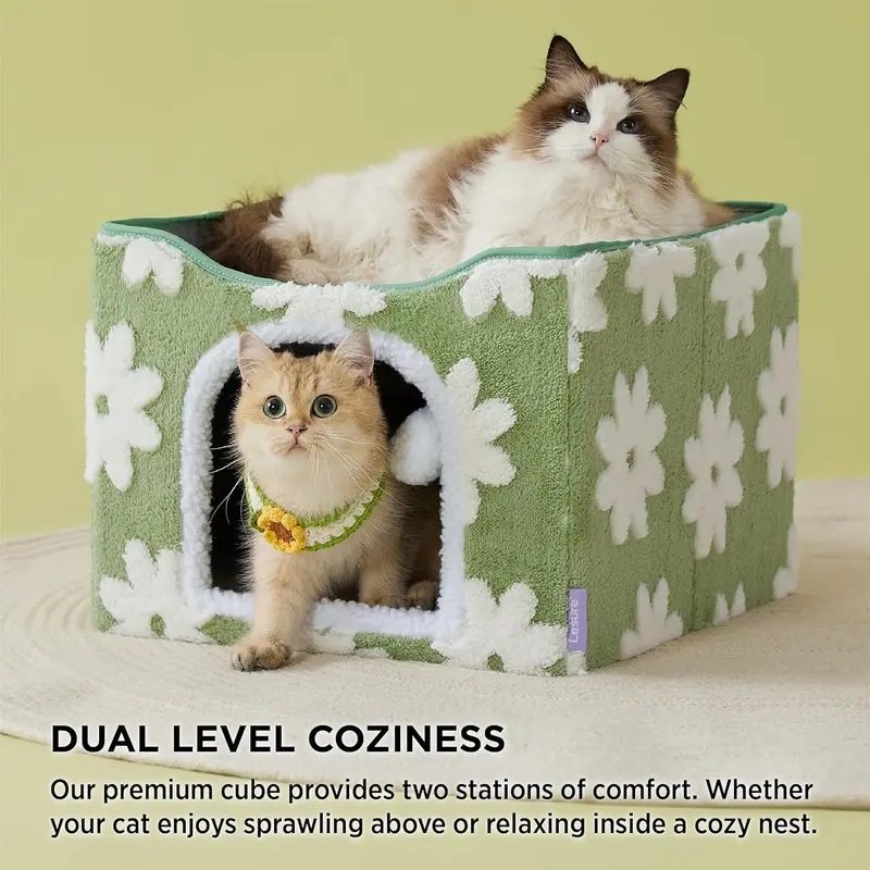 Lesure Indoor Cat Cave Bed, Foldable Cat House with Plush Cushion & Hanging Ball, Cozy Cat Cube Hideaway for Indoor Cats & Small Pets