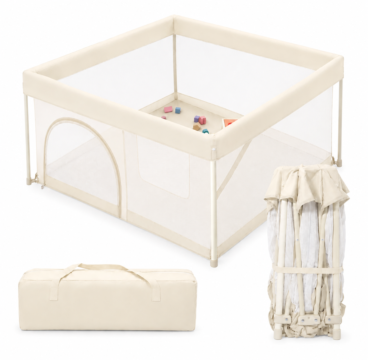 Foldable Baby Playpen | Portable Play Yard with Breathable Mesh, Zipper Door & Play Mat