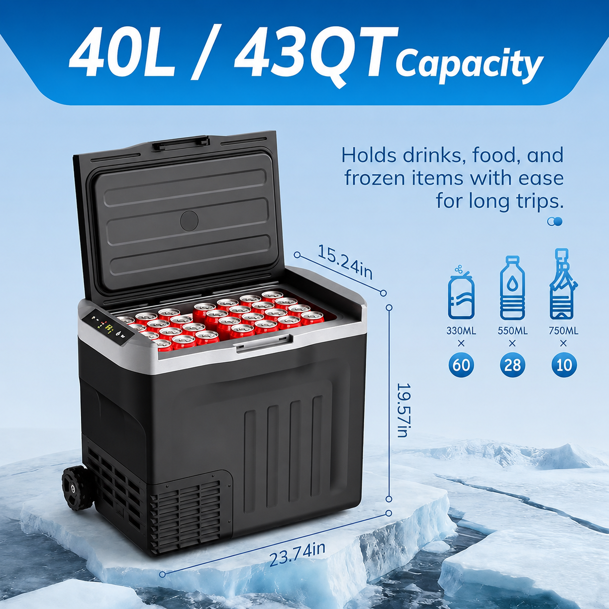 12 Volt Car Refrigerator,43QT(40L) Electric Cooler, -4℉~68℉ Portable Fridge Freezer,12V 24V DC 100-240V AC Car Fridge with Wheels&2 Baskets for Car,Camping,RV,BLACK