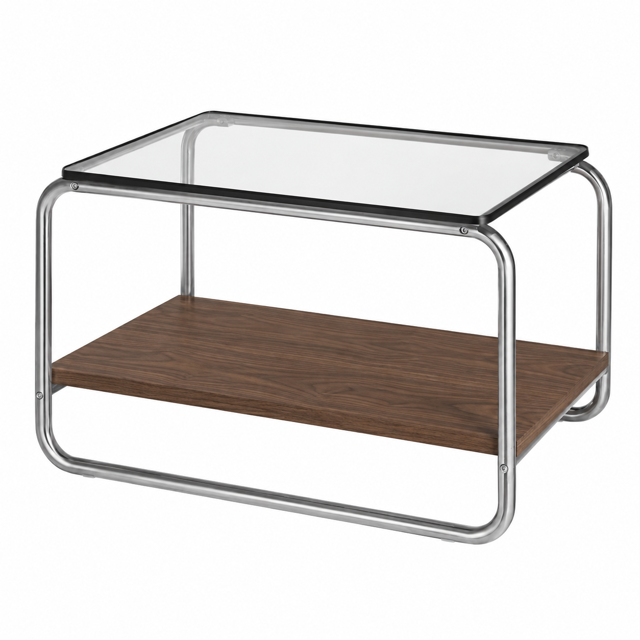 NLFZEK Modern Glass Coffee Table – 2-Tier Chrome Frame with Walnut Shelf for Living Room