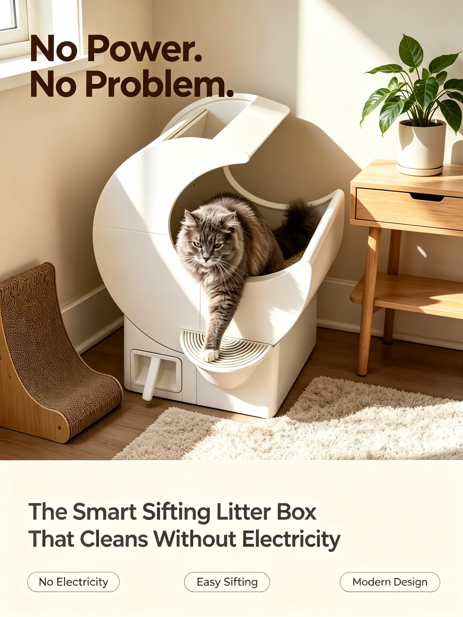 Self-Cleaning Cat Litter Box | No Electricity Needed, Manual Sifting, Odor & Litter Scatter Control
