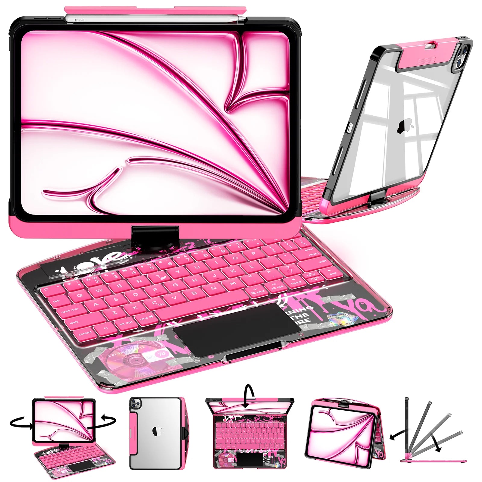 NLFZEK Y2K Transparent Pink 360° Rotating iPad Keyboard Case