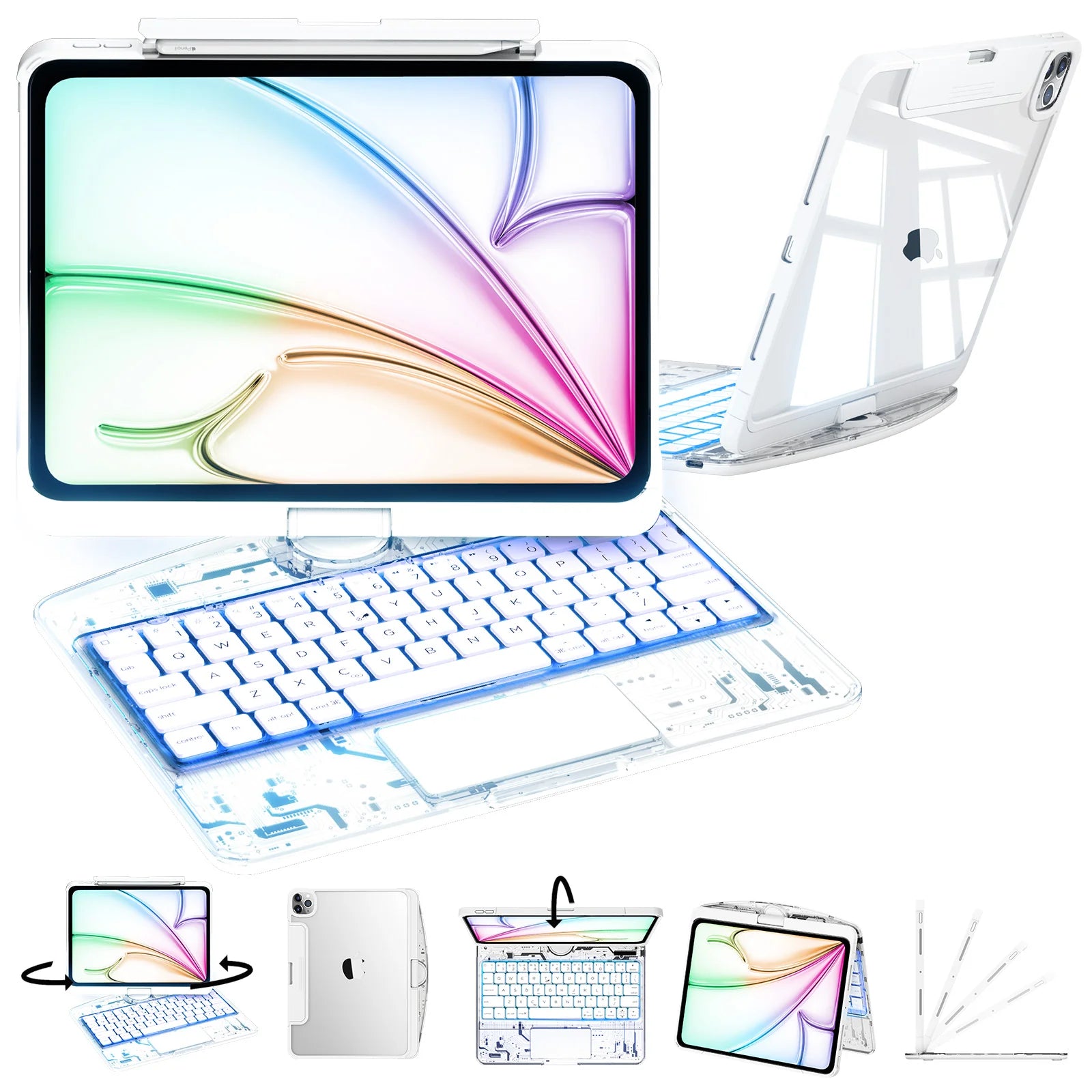 NLFZEK Y2K Transparent White 360° Rotating iPad Keyboard Case