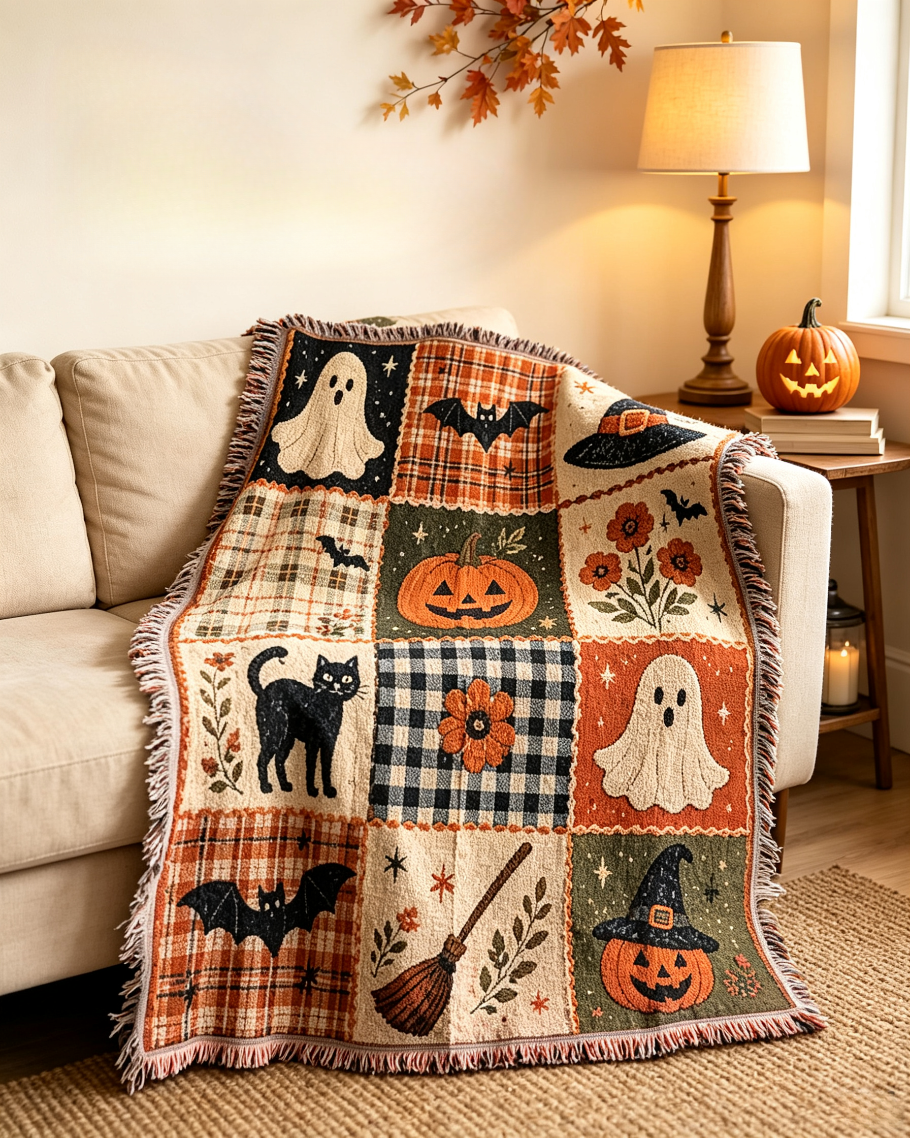 Halloween 100% Cotton Woven Blanket – Vintage Spooky Throw, Retro Halloween Decor for Fall & Cozy Nights