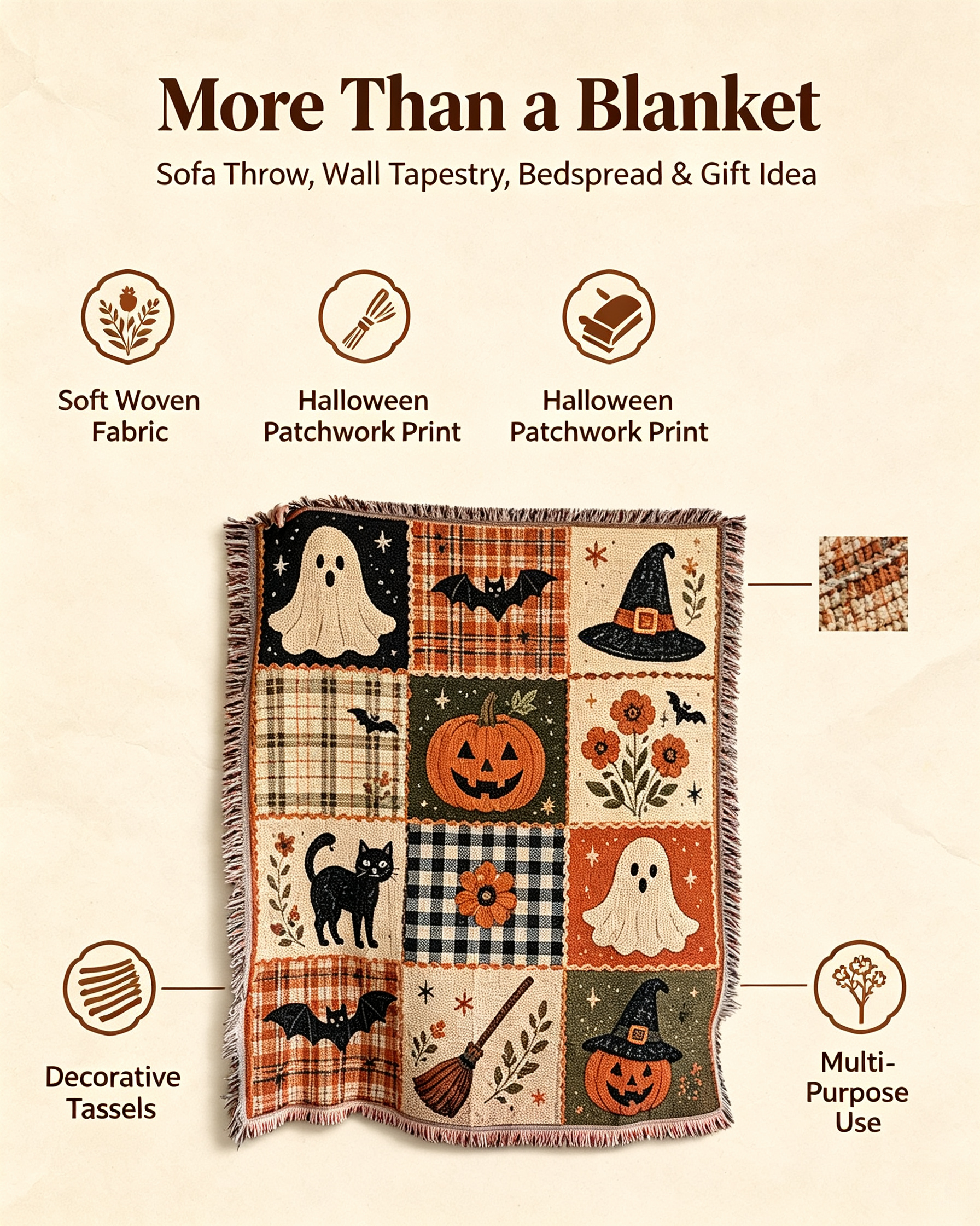 Halloween 100% Cotton Woven Blanket – Vintage Spooky Throw, Retro Halloween Decor for Fall & Cozy Nights