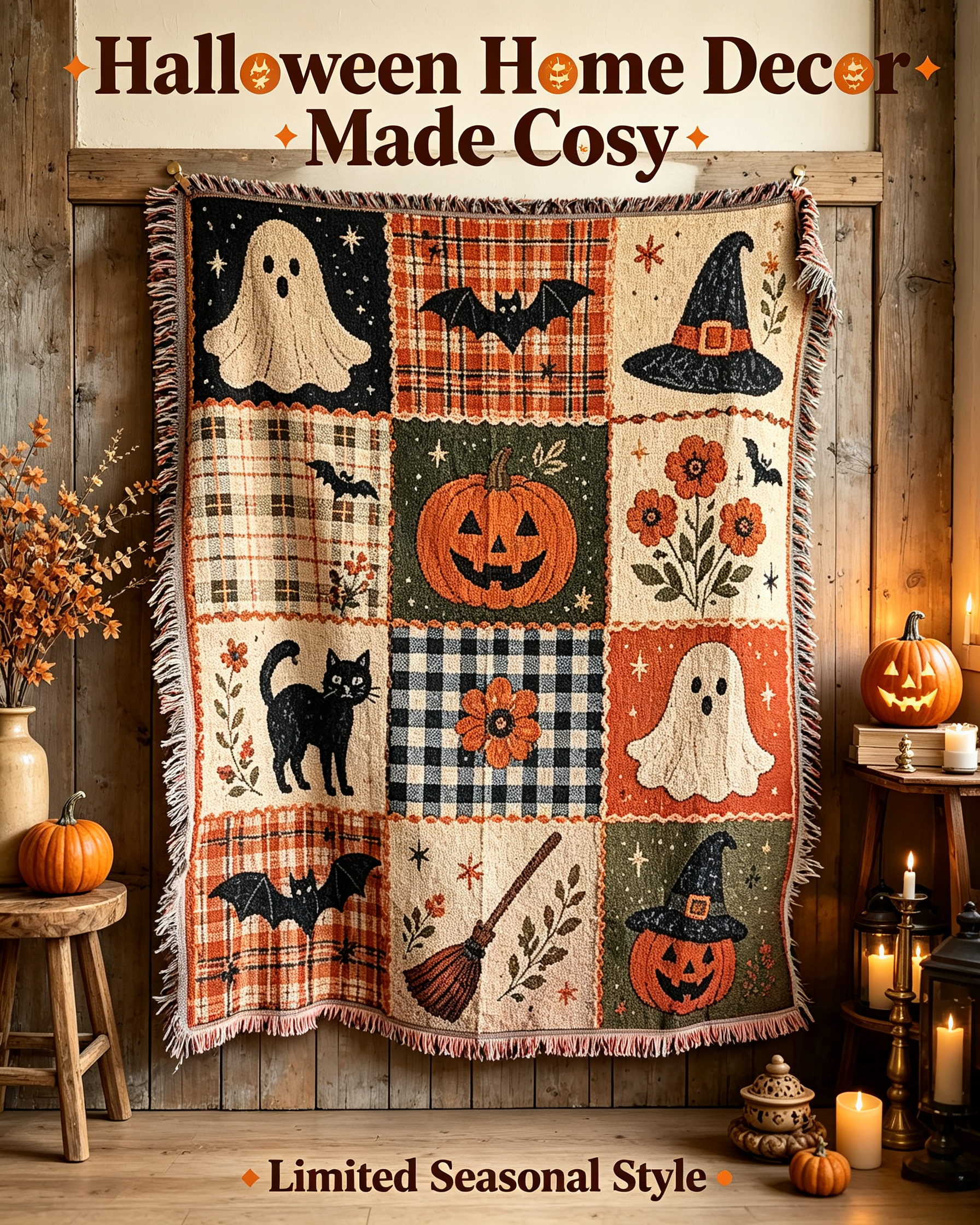 Halloween 100% Cotton Woven Blanket – Vintage Spooky Throw, Retro Halloween Decor for Fall & Cozy Nights