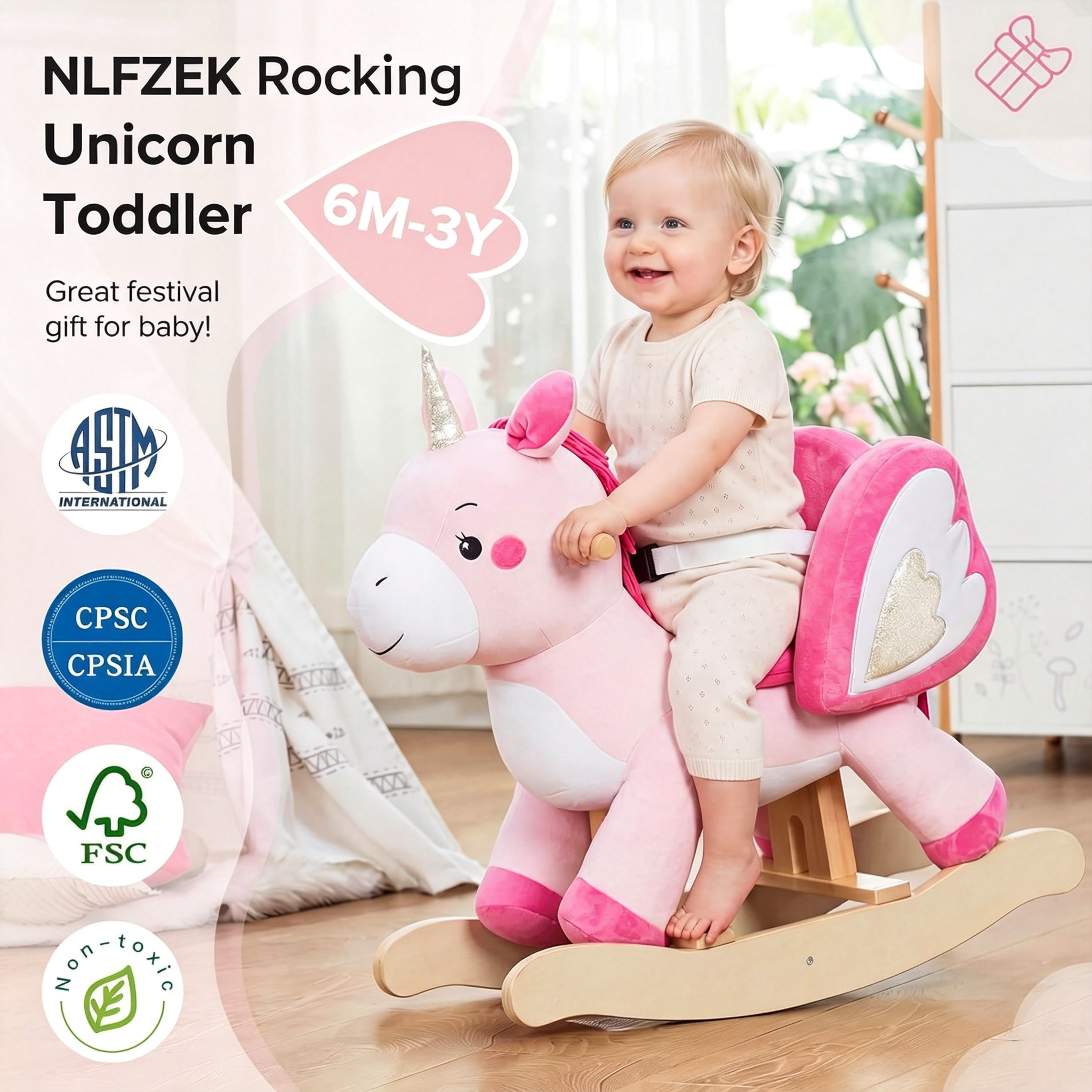 NLFZEK Animal Rocking Horse | Plush Ride-On Toy with Safety Belt for Toddlers