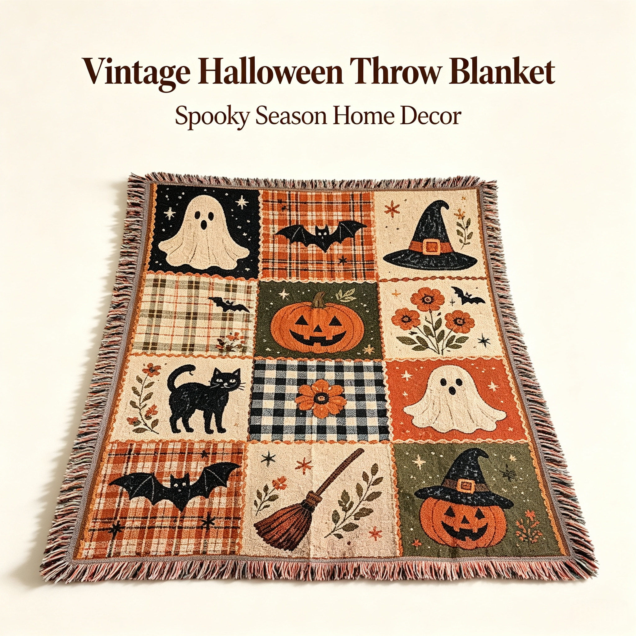Halloween 100% Cotton Woven Blanket – Vintage Spooky Throw, Retro Halloween Decor for Fall & Cozy Nights