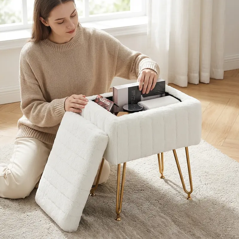 Faux Fur Vanity Stool with Hidden Storage | Modern Ottoman Seat with Gold Legs