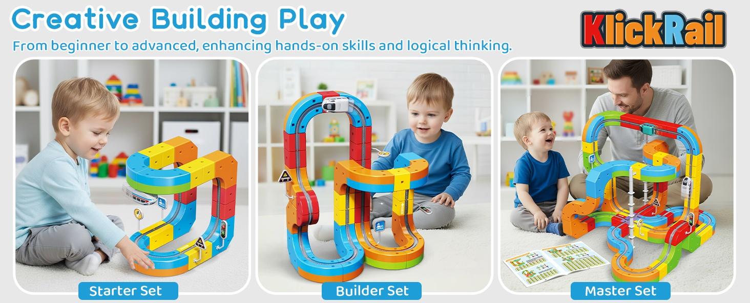 Klickrail Electric Train Set Flexible Race Track Rail Toys, Building Toy Train Track Gravity-Defying 3D Embedded Layouts & Motorized Car, STEM Learning Gift