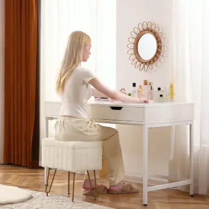Faux Fur Vanity Stool with Hidden Storage | Modern Ottoman Seat with Gold Legs