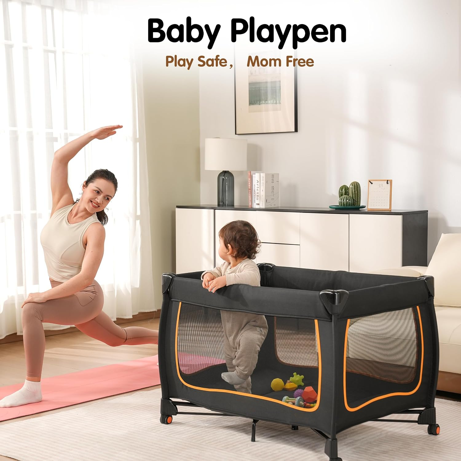 NLFZEK 6-in-1 Baby Playard | Portable Crib with Bassinet, Changing Table & Toy Bar