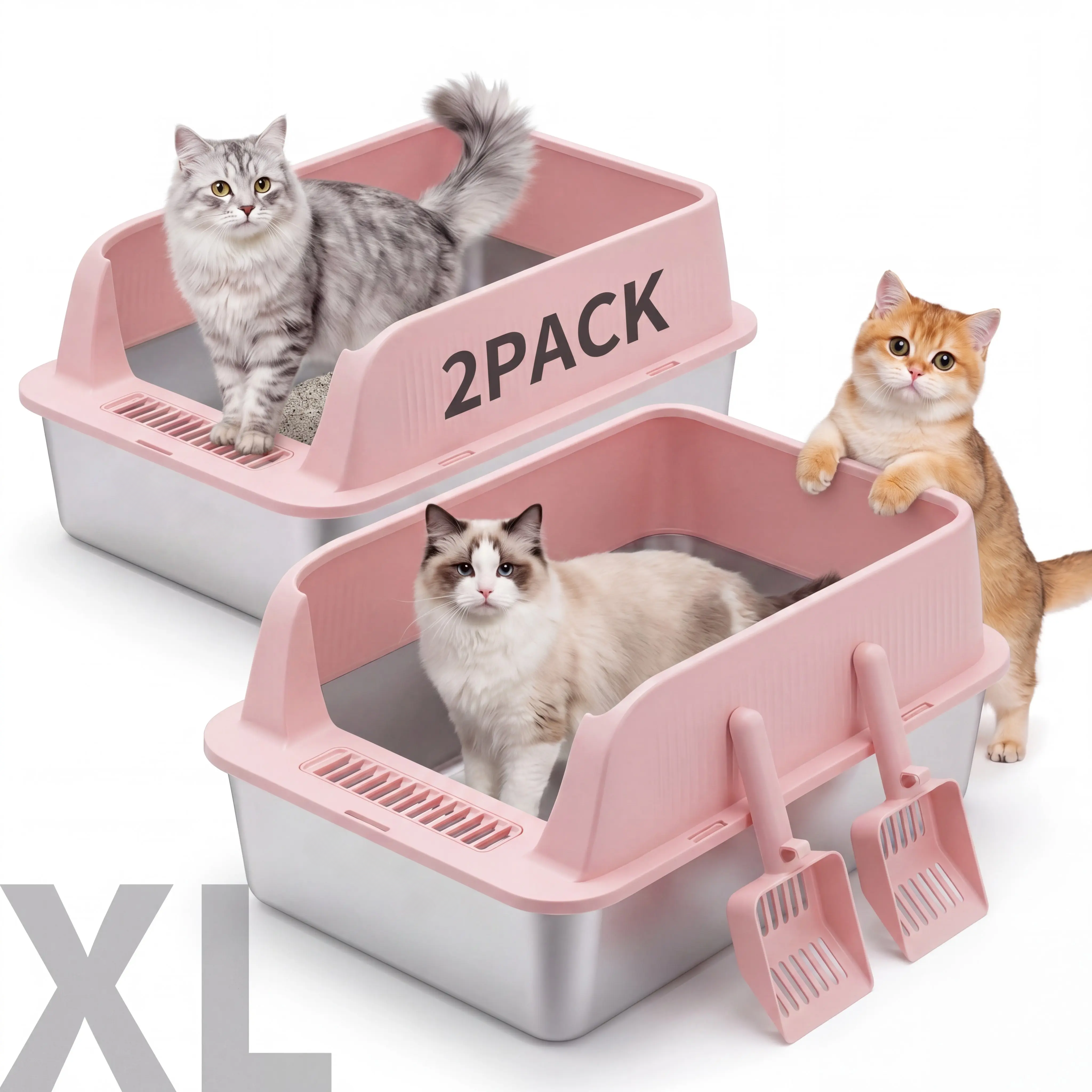 2 Pack Stainless Steel Cat Litter Box | Extra Large High-Wall Metal Litter Pan with Scoop, Easy Clean Design for Multi-Cat Homes