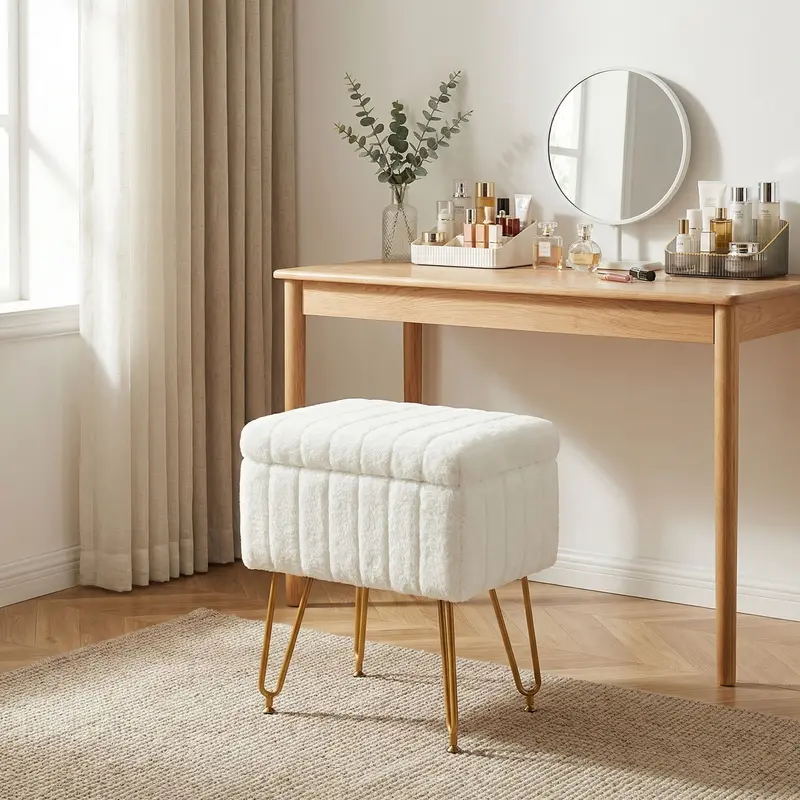 Faux Fur Vanity Stool with Hidden Storage | Modern Ottoman Seat with Gold Legs
