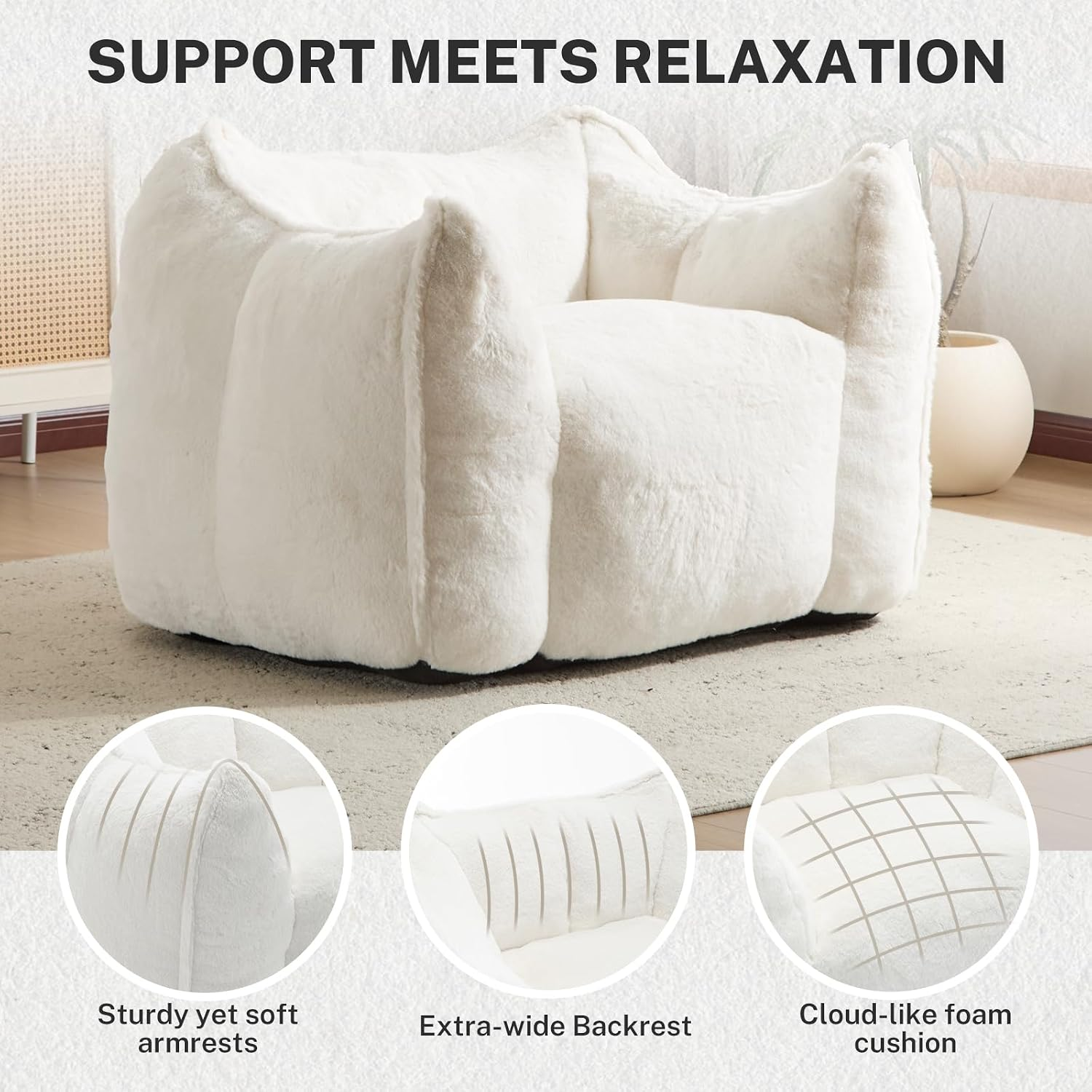 NLFZEK Giant Bean Bag Chair – Oversized Plush Lounge Seat with Faux Fur & Memory Foam