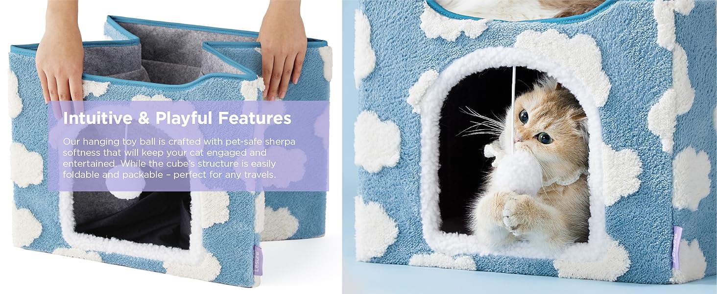 Lesure Indoor Cat Beds Kitten House - Large Cat Cave for Pet Cube with Fluffy Ball Hanging, Foldable Small Animal Hideaway,Deals For You Days
