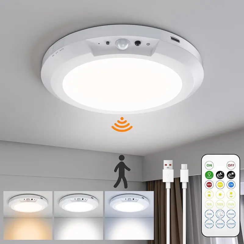 Rechargeable Motion Sensor Ceiling Light with Remote, Magnetic Drill-Free Wireless LED Light, 10000mAh Battery 3 Color Temp for Closet Stairs Porch Shed
