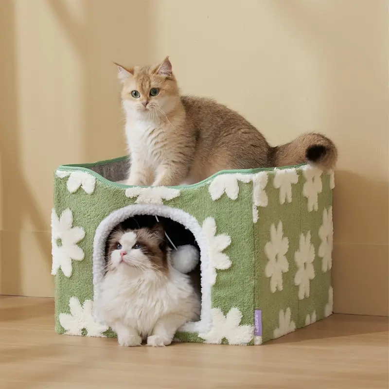Lesure Indoor Cat Cave Bed, Foldable Cat House with Plush Cushion & Hanging Ball, Cozy Cat Cube Hideaway for Indoor Cats & Small Pets