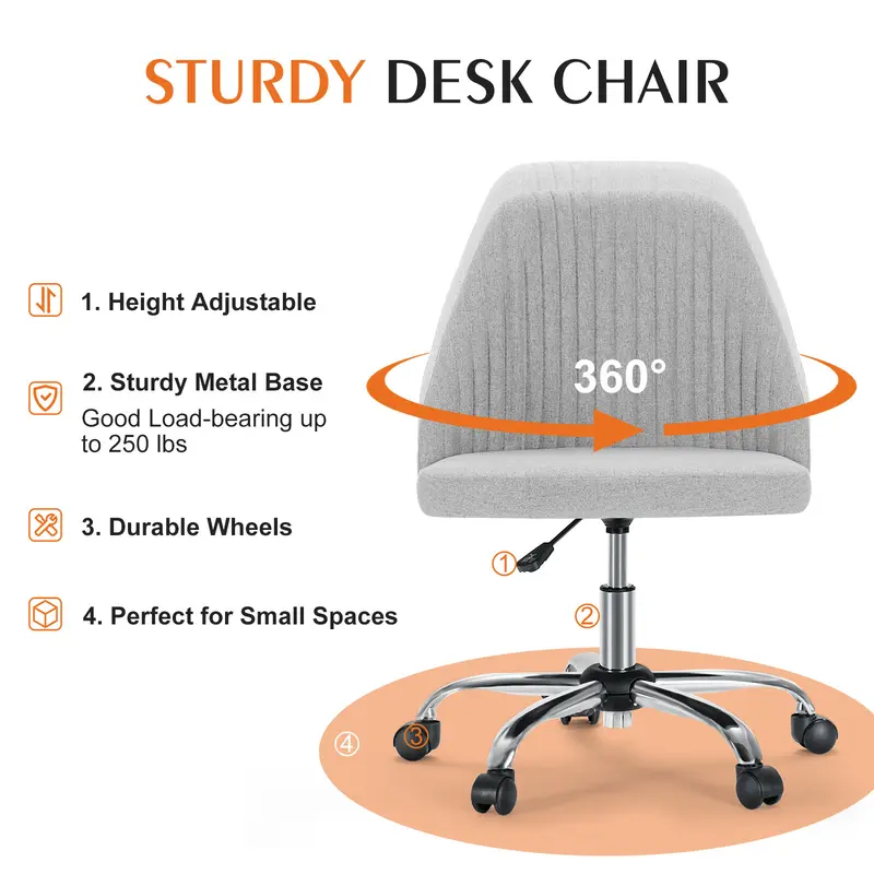 Modern Armless Office Chair | Adjustable Swivel Desk Chair with Wheels for Home Office & Vanity