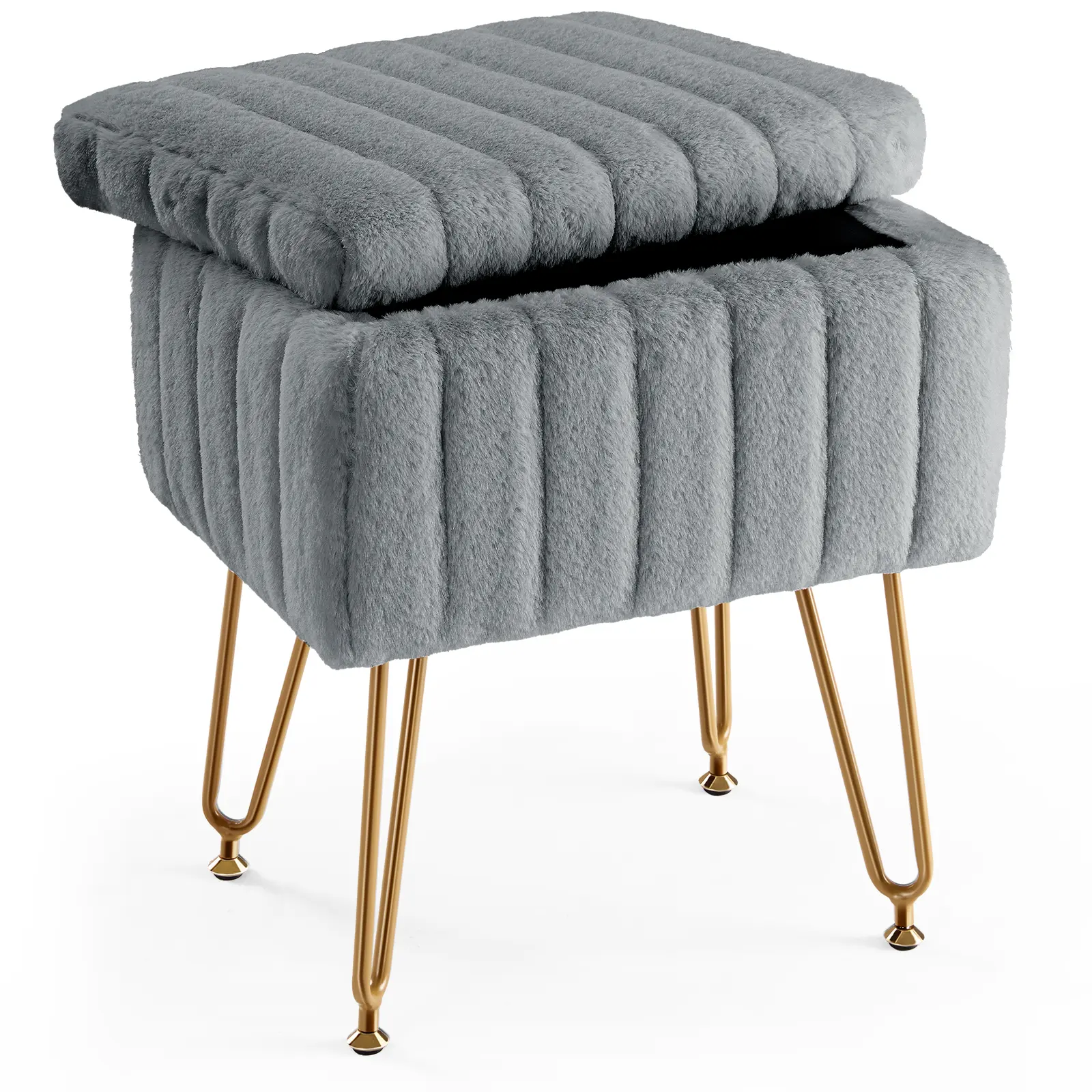 Faux Fur Vanity Stool with Hidden Storage | Modern Ottoman Seat with Gold Legs