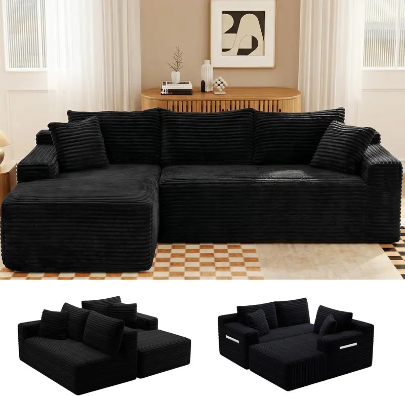 Cloud Modular Sectional Sofa with Reversible Chaise | Deep Seat Corduroy Couch, No Assembly