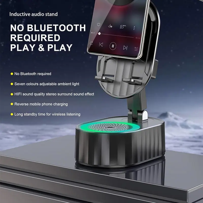 5-in-1 Bluetooth & Wireless Induction Speaker Stand – 5000mAh Emergency Power Bank, LED Lights & 300° Rotation