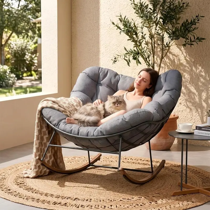 GRAND PATIO Egg-Shaped Rocking Chair with Thick Cushion, All-Weather E-Coated Steel Patio Rocker for Balcony Garden Backyard