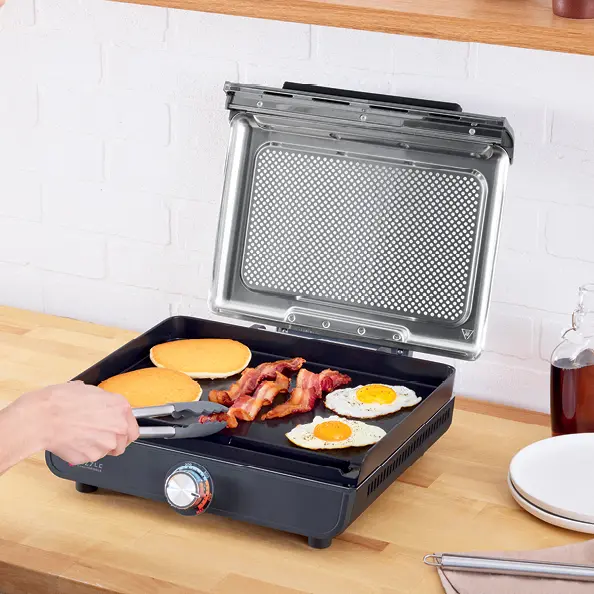 Smokeless Indoor Grill, 14'' Nonstick Grill Plate, Dishwasher-Safe Removable Mesh Lid, 500F Max Heat, Even Edge-to-Edge Cooking